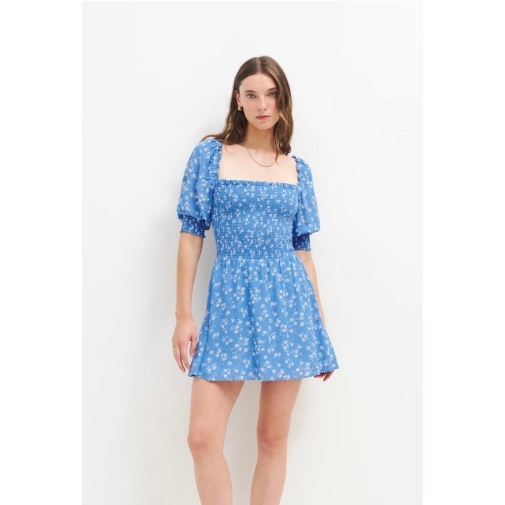 Reformation Elle Blue Floral Smocked Mini Dress Puff Sleeve Square Neck Size 2